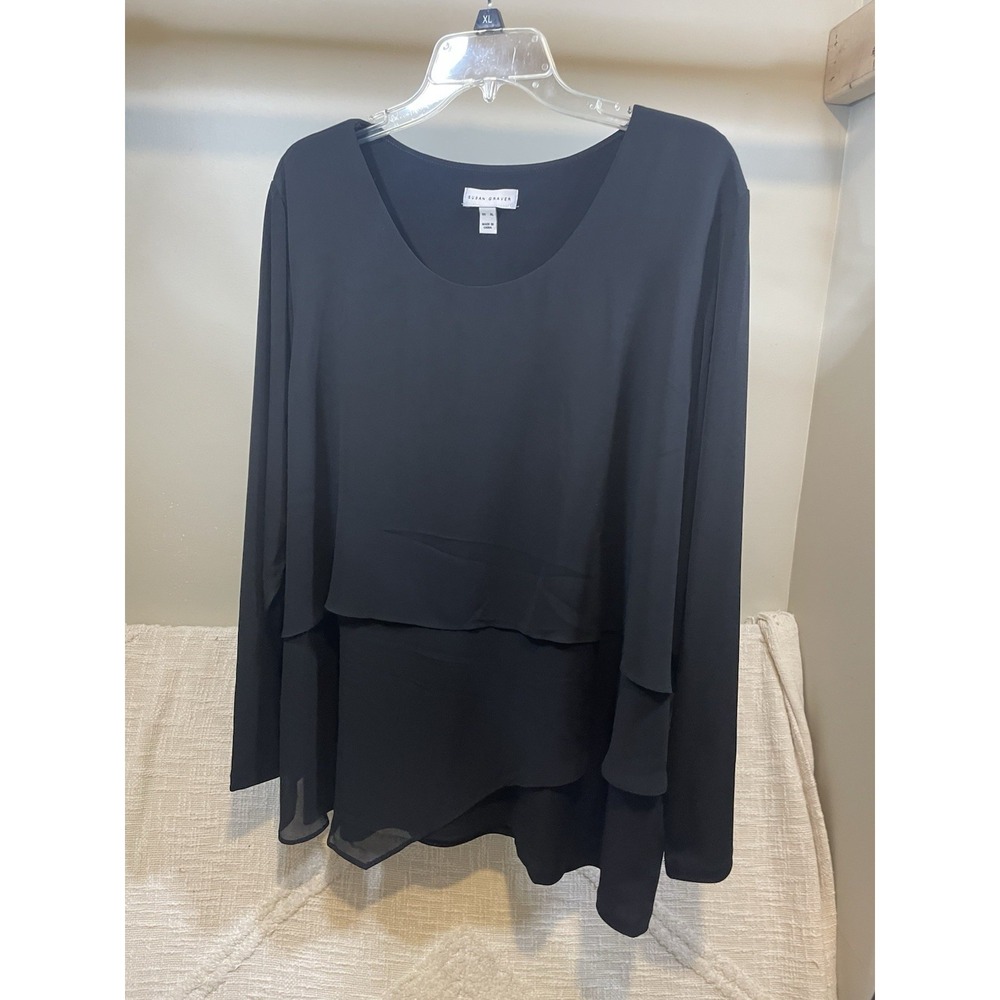 Susan Graver Rich Black Tiered Ruffles Timeless Liquid Knit Luxury Top Womens XL